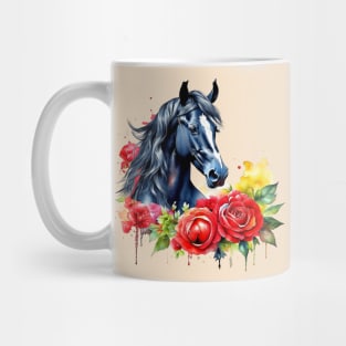 Watercolor Black Horse Red Roses Mug